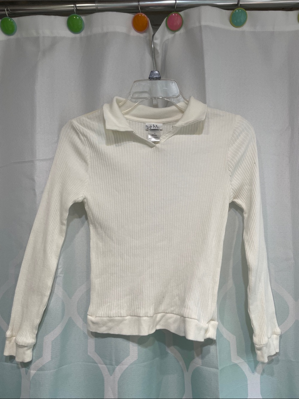 Nicole Miller Cream Long Sleeve Ribbed Polo Top
